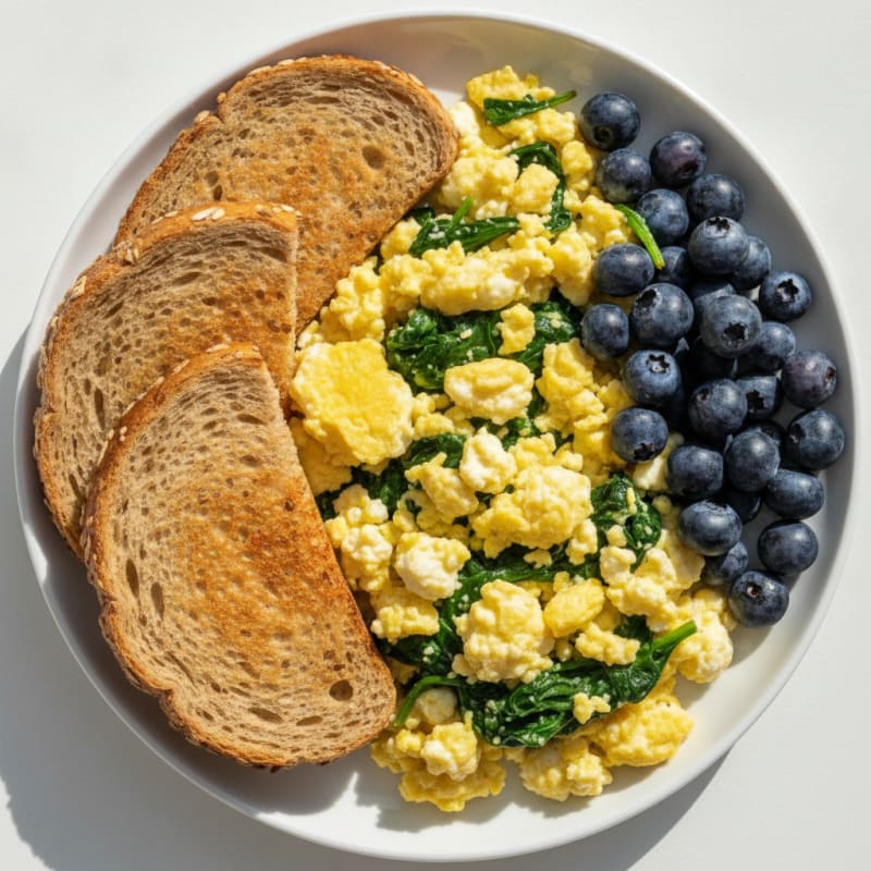 Scrambled Eggs with Cottage Cheese and Sautéed Spinach