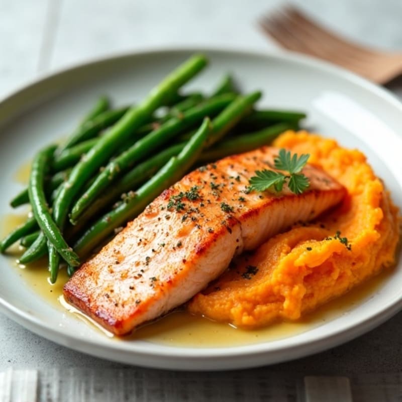 Seared Salmon with Garlic Green Beans and Sweet Potato Mash