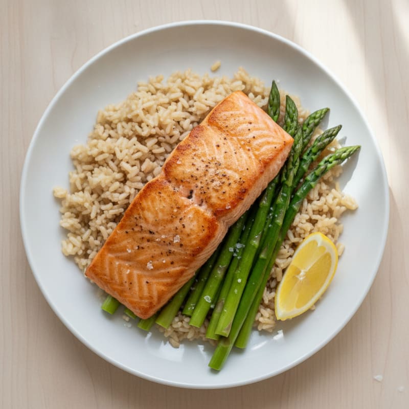 Seared Salmon Fillet with Steamed Asparagus and Brown Rice