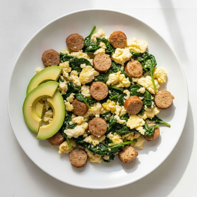 Egg White Scramble with Turkey Sausage and Sautéed Spinach