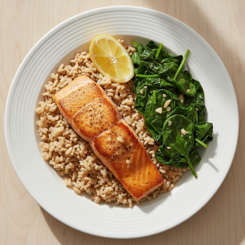 Seared Salmon with Garlic Spinach and Brown Rice