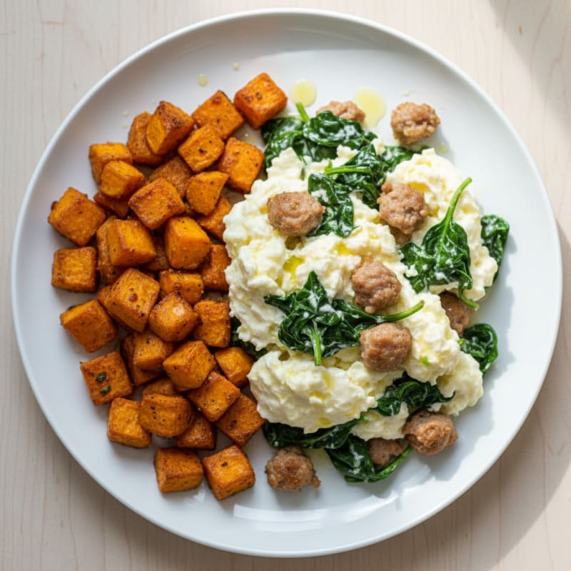 Egg White and Turkey Sausage Scramble with Spinach and Roasted Sweet Potatoes