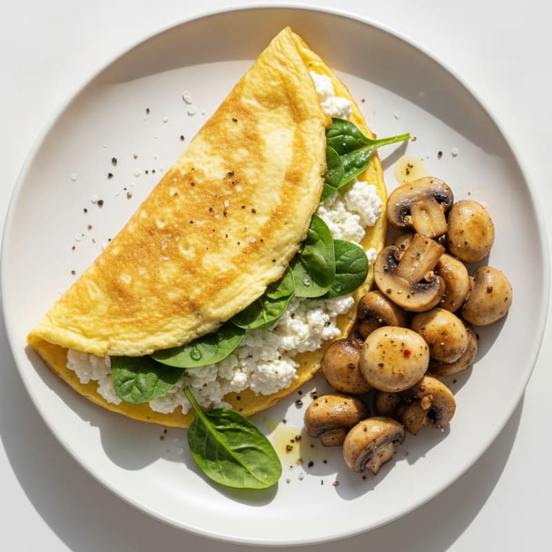 Egg White Spinach Omelette with Cottage Cheese and Sautéed Mushrooms