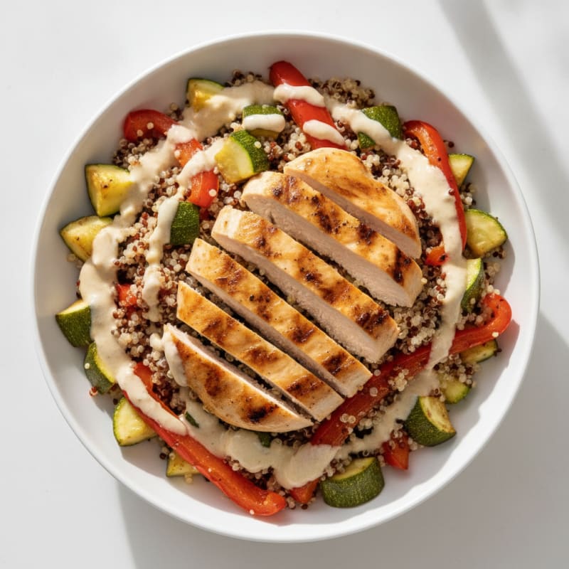 Grilled Chicken and Quinoa Bowl with Roasted Vegetables and Lemon Tahini Drizzle
