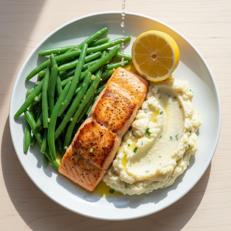 Seared Salmon with Steamed Green Beans and Garlic Mashed Cauliflower