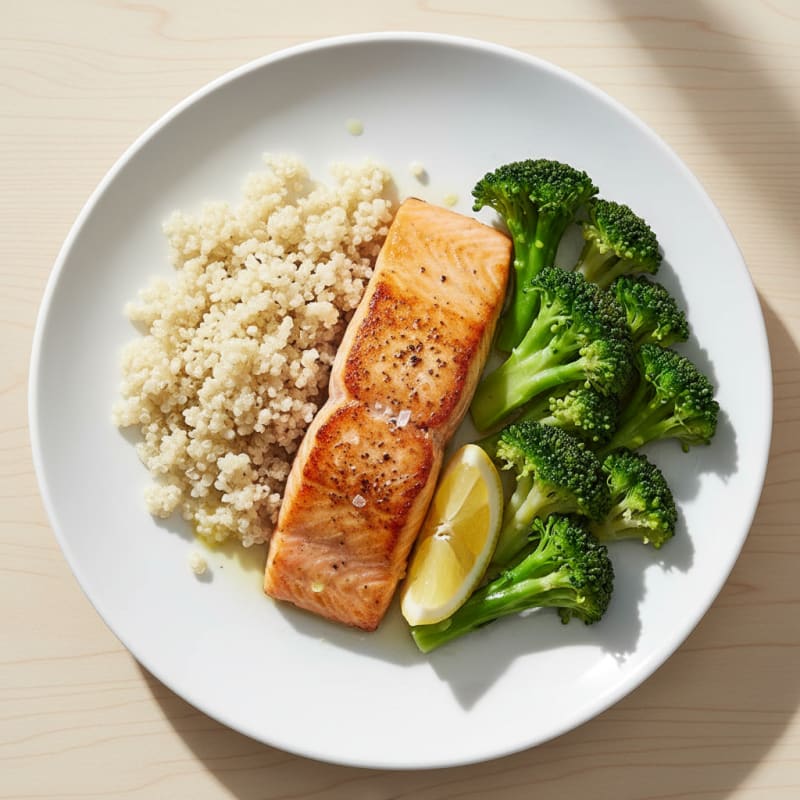 Seared Salmon Fillet with Steamed Broccoli and Quinoa