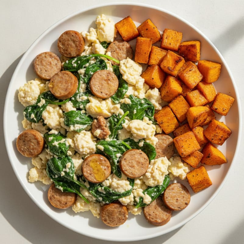 Egg White Spinach Scramble with Turkey Sausage and Roasted Sweet Potato