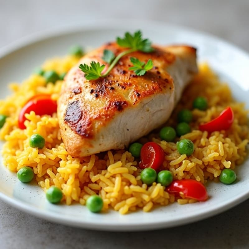 Tender Chicken and Fluffy Saffron Rice with Roasted Bell Peppers and Peas