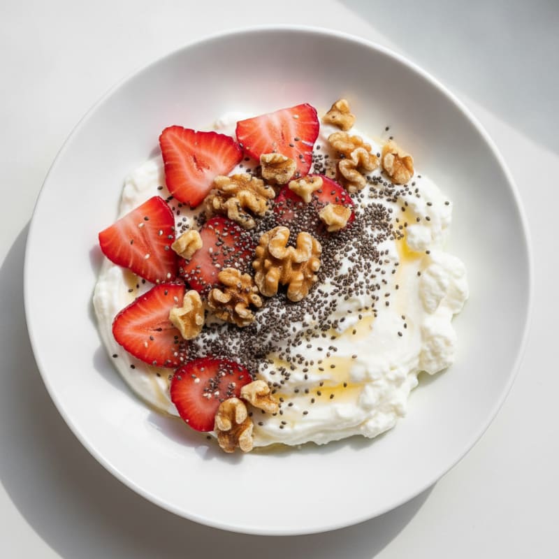 Greek Yogurt Bowl with Fresh Fruit, Chia Seeds and Cottage Cheese