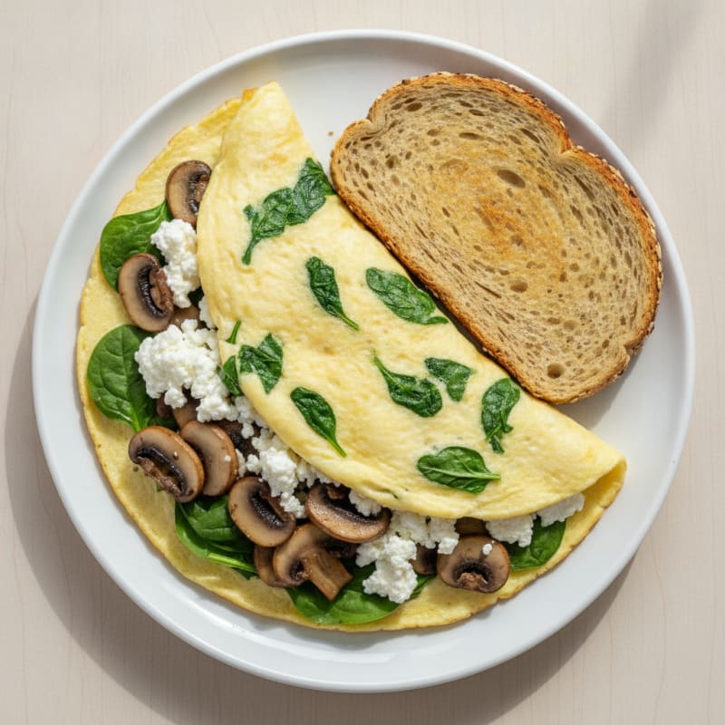 Egg White Spinach Omelette with Cottage Cheese and Sautéed Mushrooms