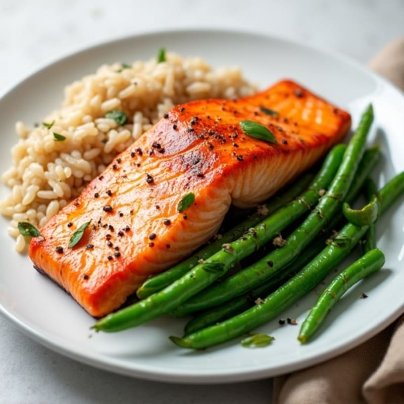 Seared Salmon Fillet with Steamed Green Beans and Brown Rice