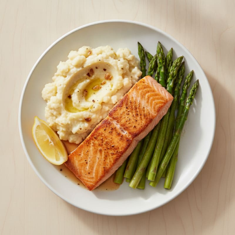 Seared Salmon with Steamed Asparagus and Garlic Mashed Cauliflower