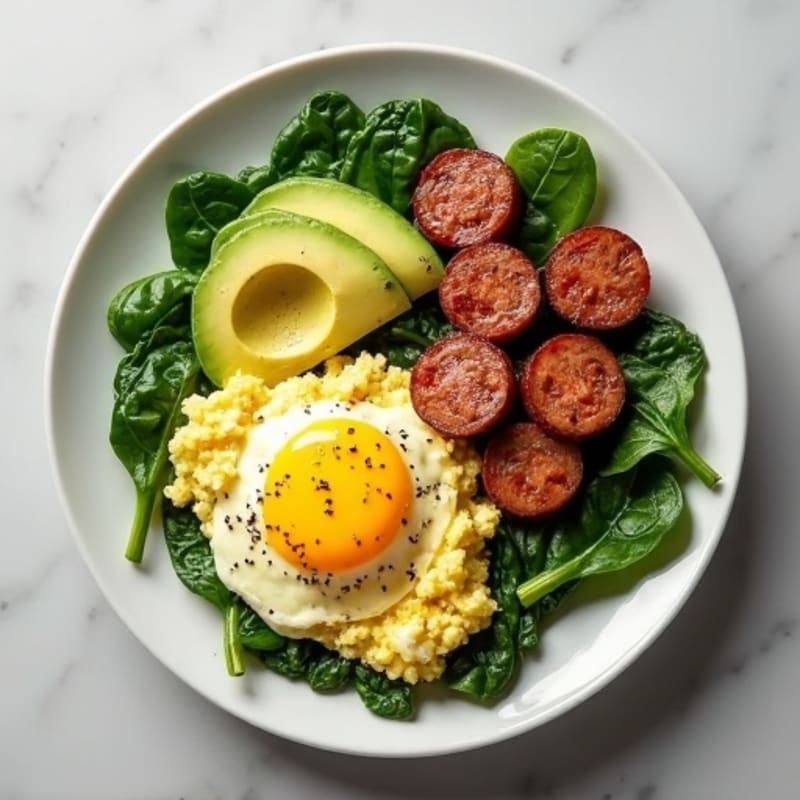 Egg White Spinach Scramble with Turkey Sausage and Sliced Avocado
