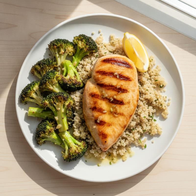 Grilled Chicken Breast with Quinoa and Roasted Broccoli