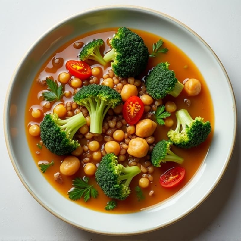 Lentil and Chickpea Stew with Roasted Broccoli and Spinach
