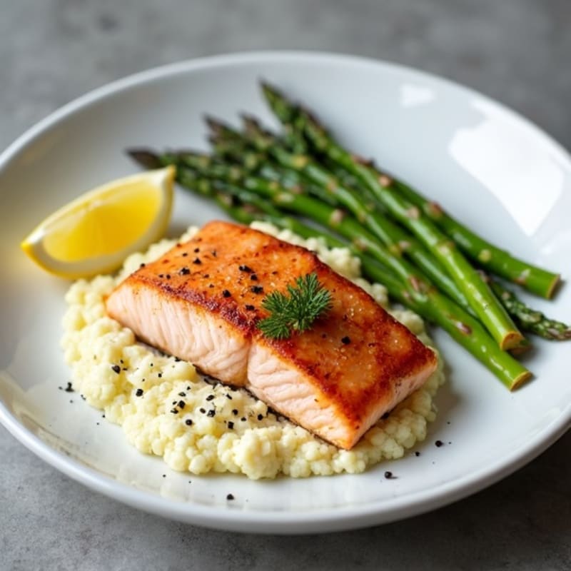 Seared Salmon Fillet with Roasted Asparagus and Cauliflower Mash