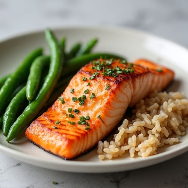 Seared Salmon Fillet with Garlic Green Beans and Brown Rice