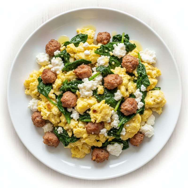 Cottage Cheese Egg Scramble with Spinach and Turkey Sausage