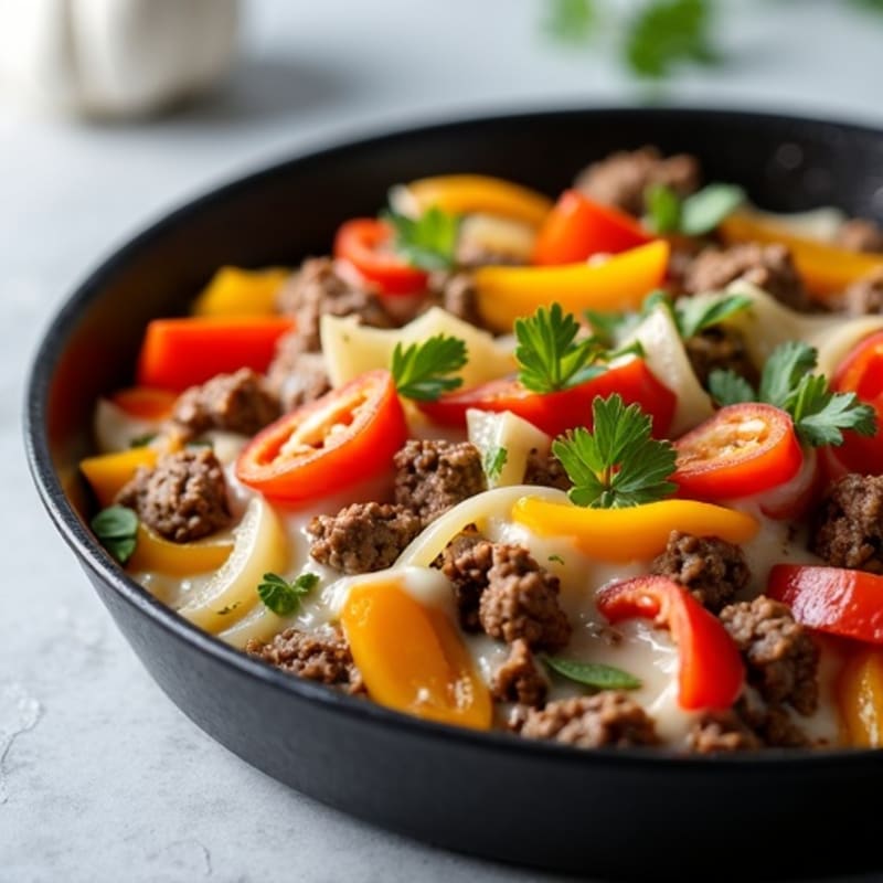 Lean Beef Skillet with Sautéed Peppers, Onions, and Creamy Cheese Sauce