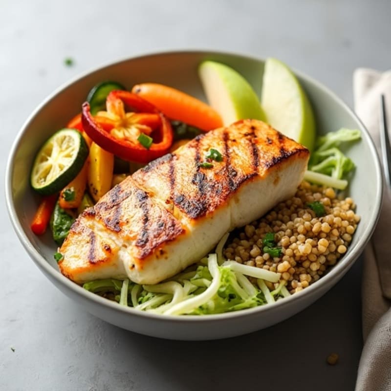 Grilled Fish and Cabbage Slaw Bowl with Roasted Vegetables