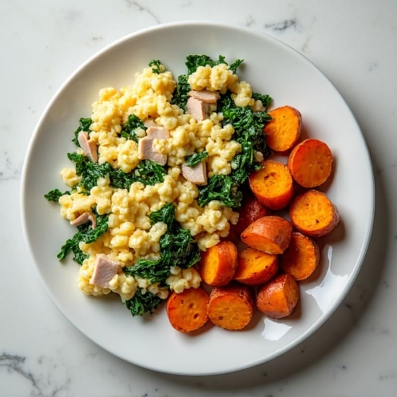 Egg White and Turkey Spinach Scramble with Roasted Sweet Potatoes