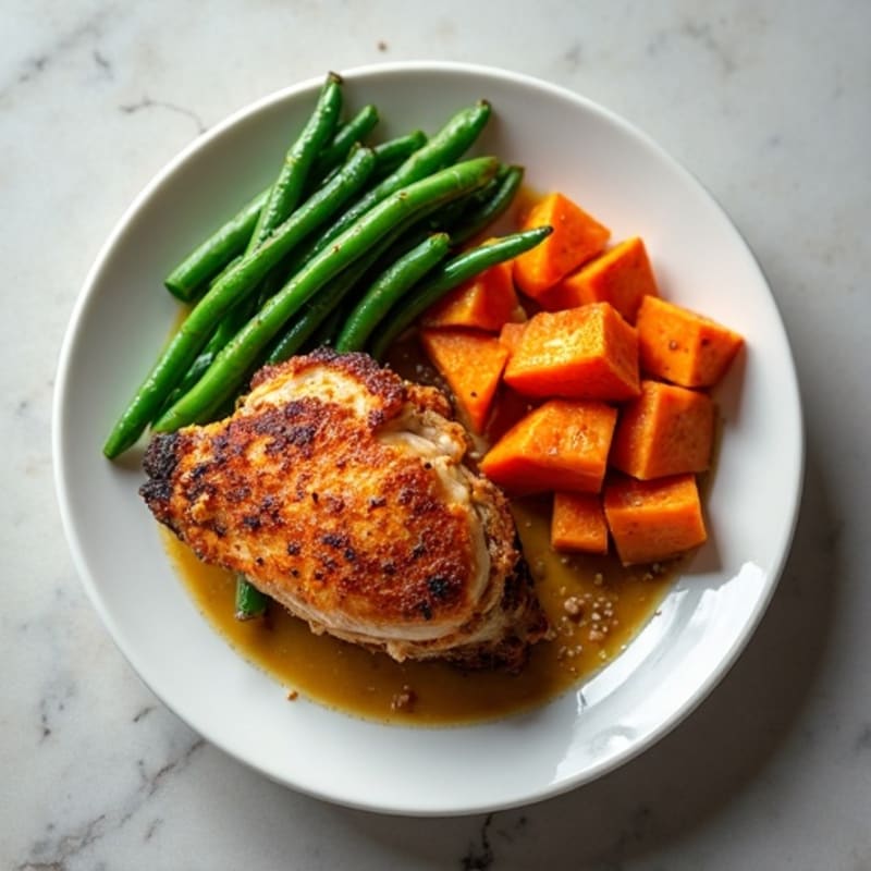Crispy Chicken Thighs with Roasted Sweet Potatoes and Green Beans