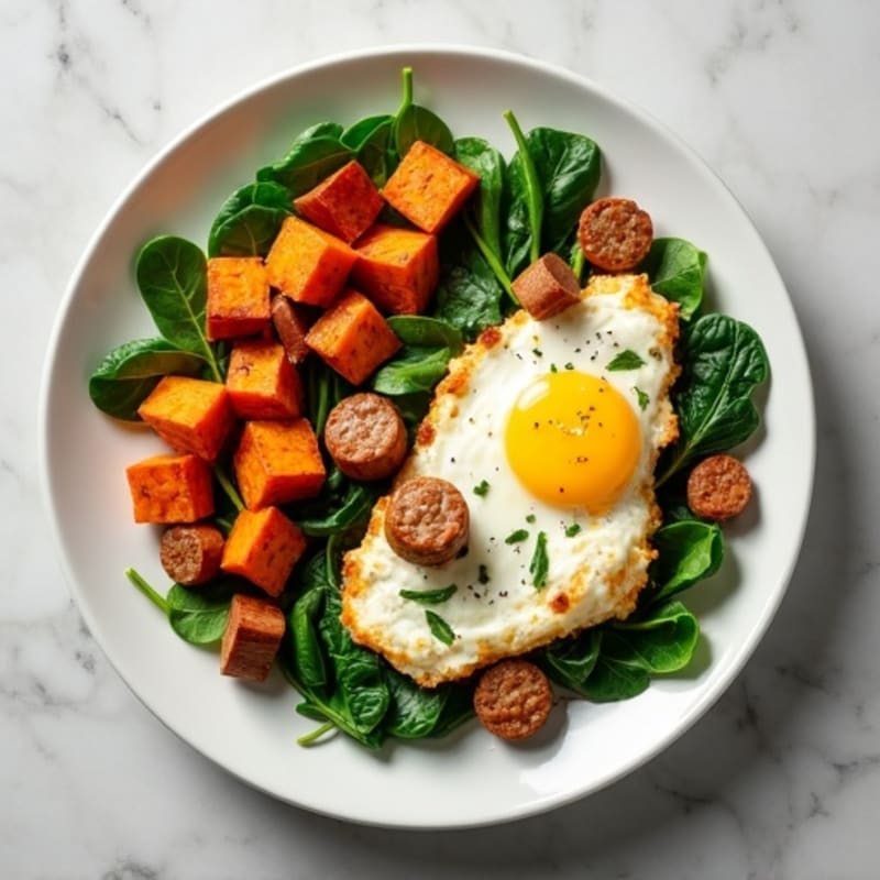 Egg White and Turkey Sausage Scramble with Spinach and Roasted Sweet Potato