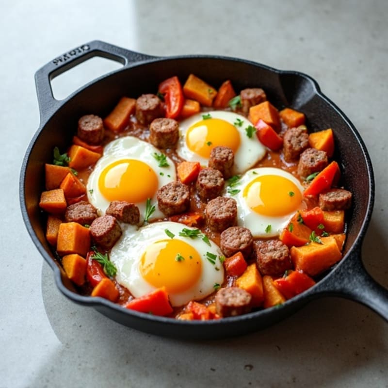 Crispy Sweet Potato and Lean Turkey Sausage Skillet with Eggs
