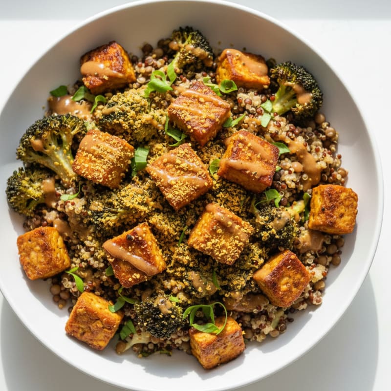 Crispy Lentil and Quinoa Power Bowl with Roasted Broccoli