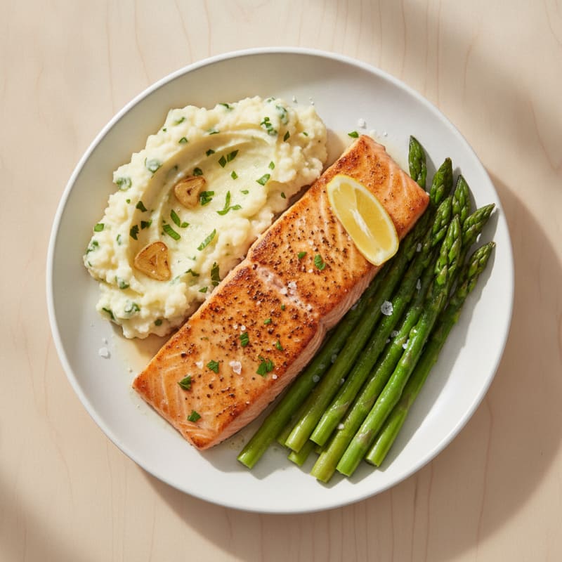 Seared Salmon with Steamed Asparagus and Garlic Mashed Cauliflower