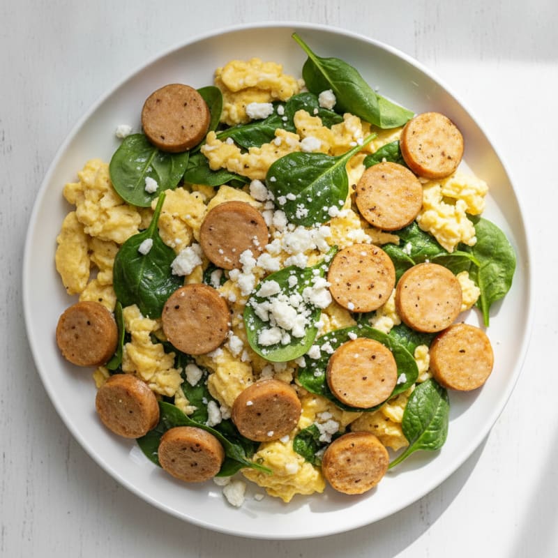 High-Protein Spinach and Feta Scramble with Chicken Sausage