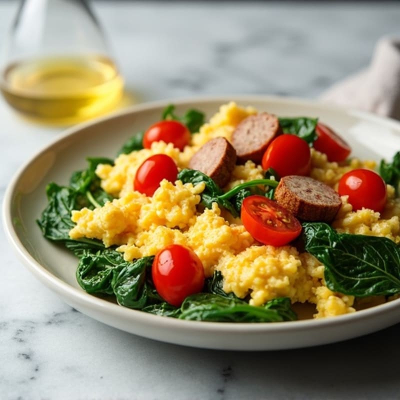 Egg White and Turkey Sausage Scramble with Spinach and Cherry Tomatoes