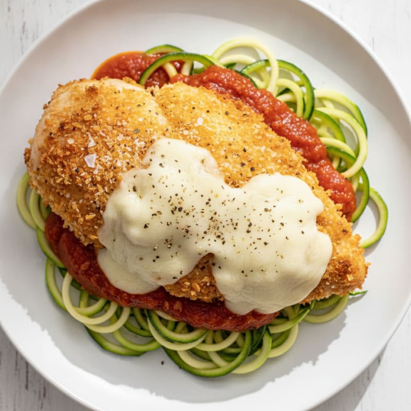 Crispy Chicken Parmesan with Zucchini Noodles