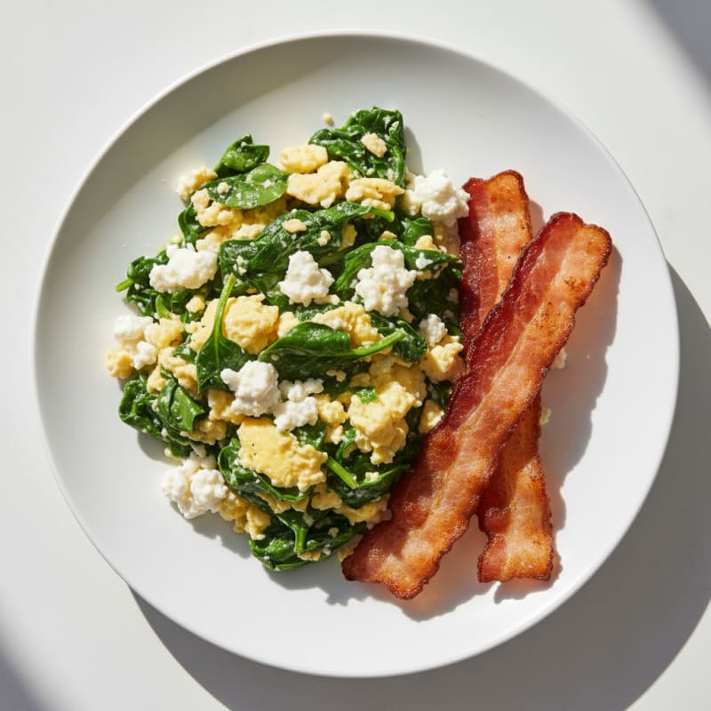 Cottage Cheese Egg Scramble with Spinach and Turkey Bacon