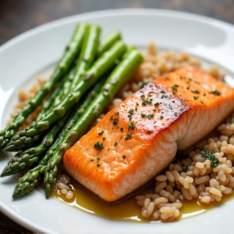 Seared Salmon with Steamed Asparagus and Brown Rice