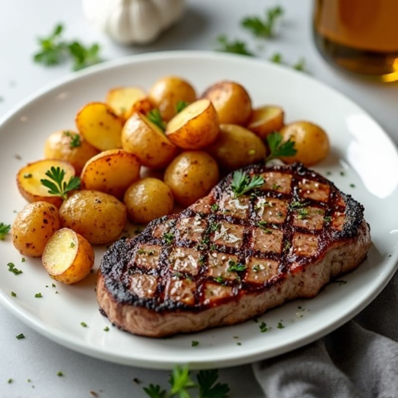 Pan-Seared Steak with Crispy Garlic Roasted Potatoes