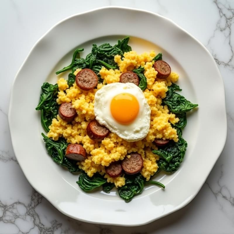 Egg White Scramble with Turkey Sausage and Sautéed Spinach