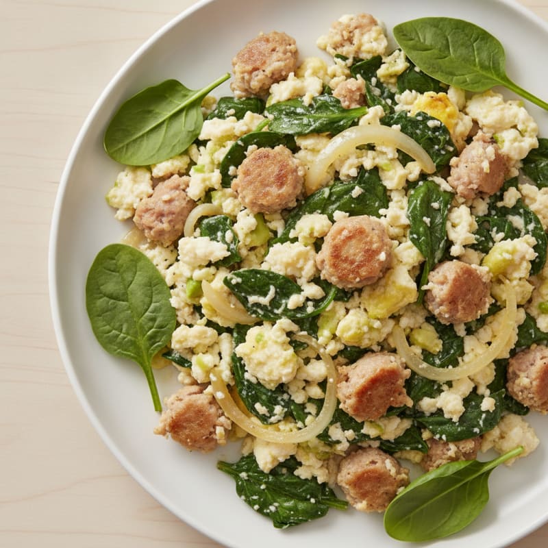 Egg White and Turkey Sausage Scramble with Sautéed Spinach