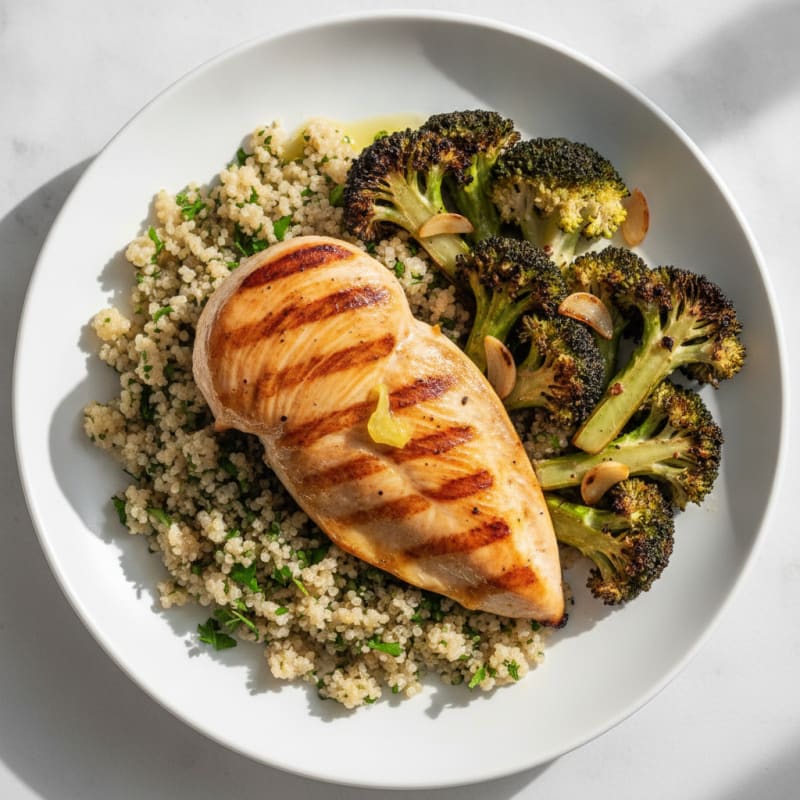 Grilled Chicken Breast with Quinoa and Roasted Broccoli