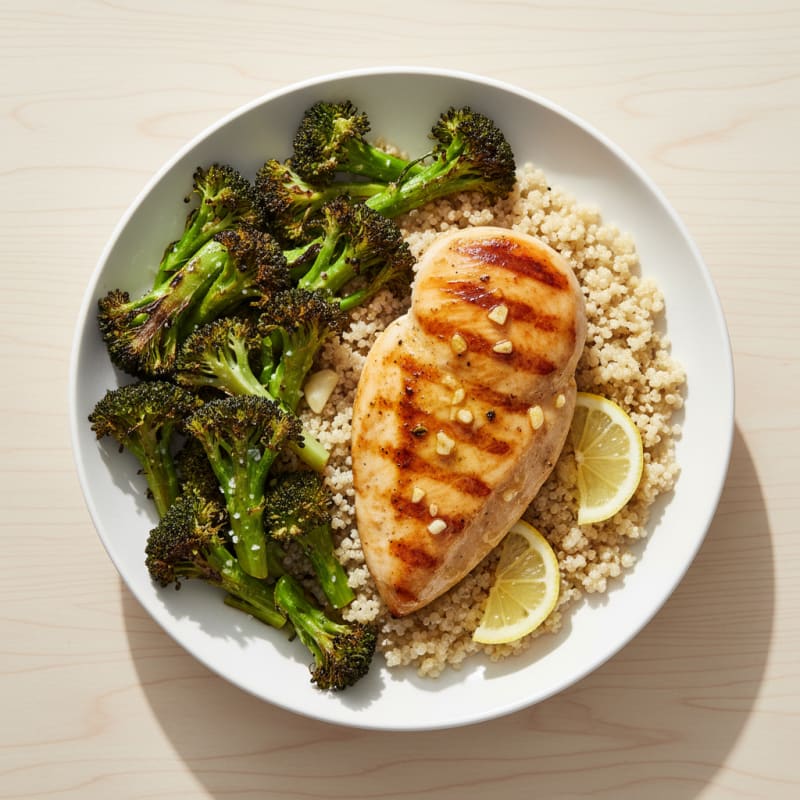 Grilled Lemon-Garlic Chicken Breast with Quinoa and Roasted Broccoli