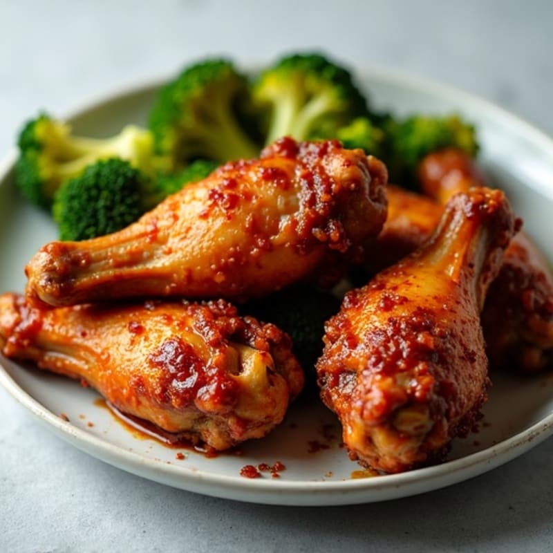 Crispy Baked Spicy BBQ Chicken Wings with Roasted Broccoli