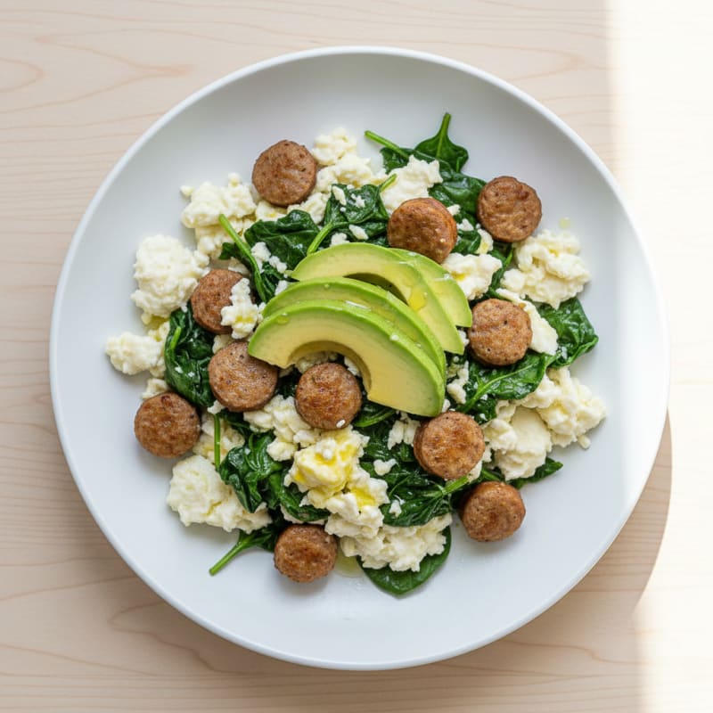 Egg White Scramble with Turkey Sausage and Sautéed Spinach
