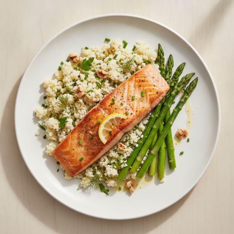 Seared Salmon Fillet with Herb-Cauliflower Rice and Sautéed Asparagus