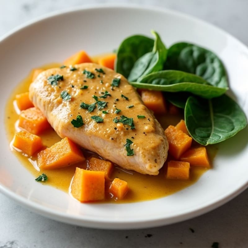 Creamy Coconut Curry Chicken with Roasted Sweet Potatoes and Spinach