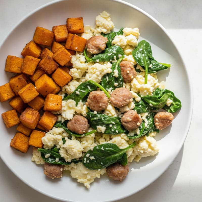 Egg White and Turkey Sausage Scramble with Spinach and Roasted Sweet Potato