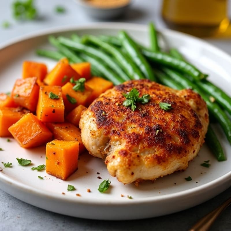 Crispy Baked Chicken Thighs with Roasted Sweet Potatoes and Green Beans
