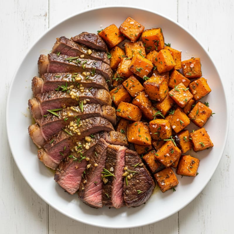 Garlic-Herb Steak with Roasted Sweet Potatoes