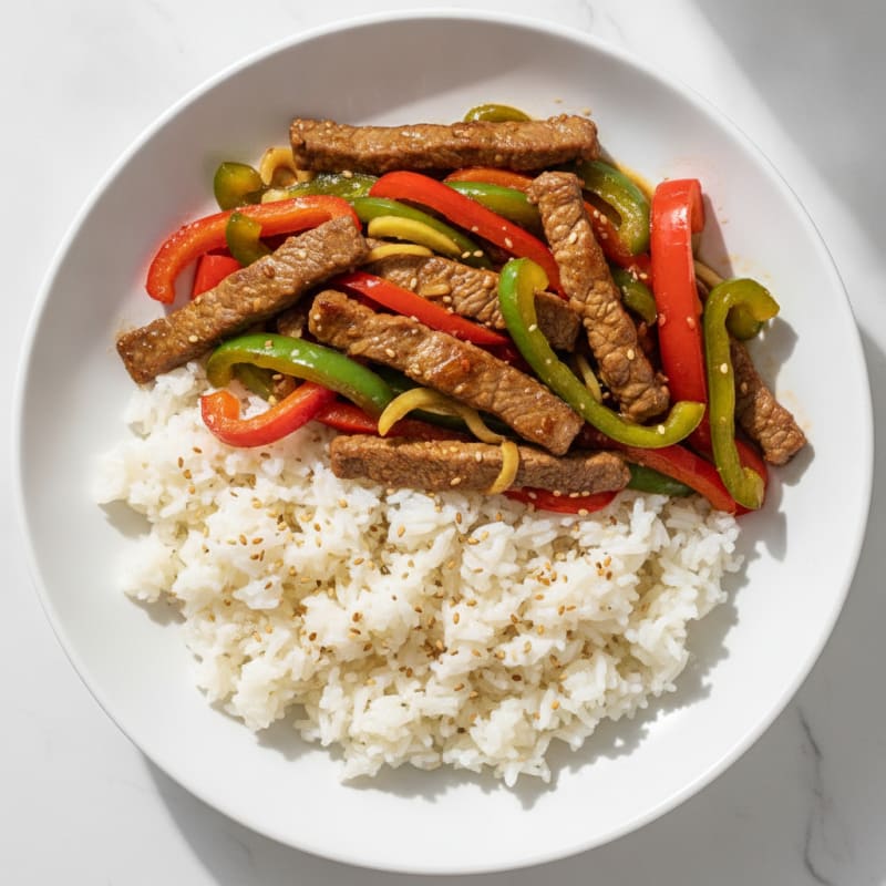 Lean Beef Stir-Fry with Bell Peppers and Steamed Jasmine Rice