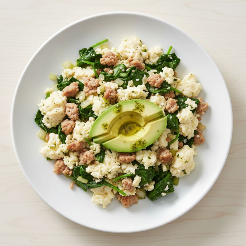 Egg White Scramble with Turkey Sausage and Sautéed Spinach