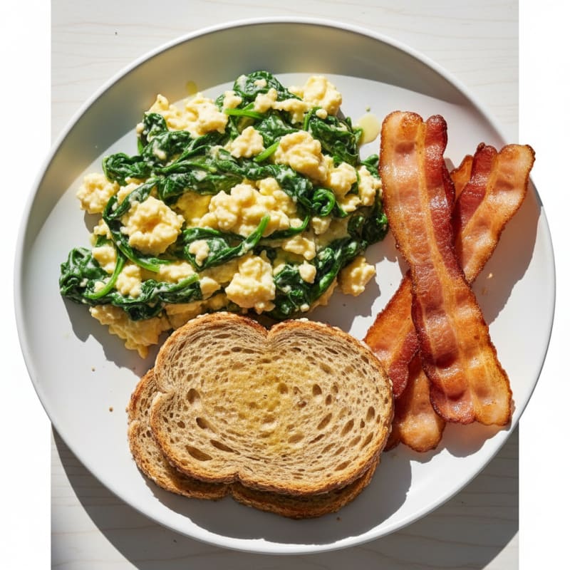 Cottage Cheese Egg Scramble with Spinach and Turkey Bacon